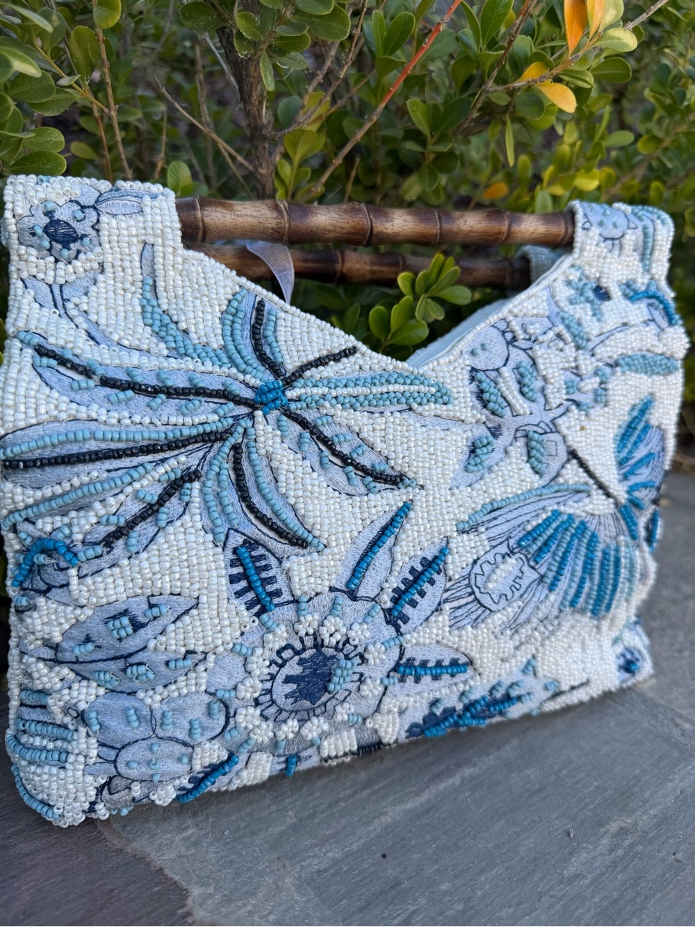 NWT BEADED PURSE Blue Floral BAG w Bamboo Handle Sequin Statement Bag - Picture 7 of 16